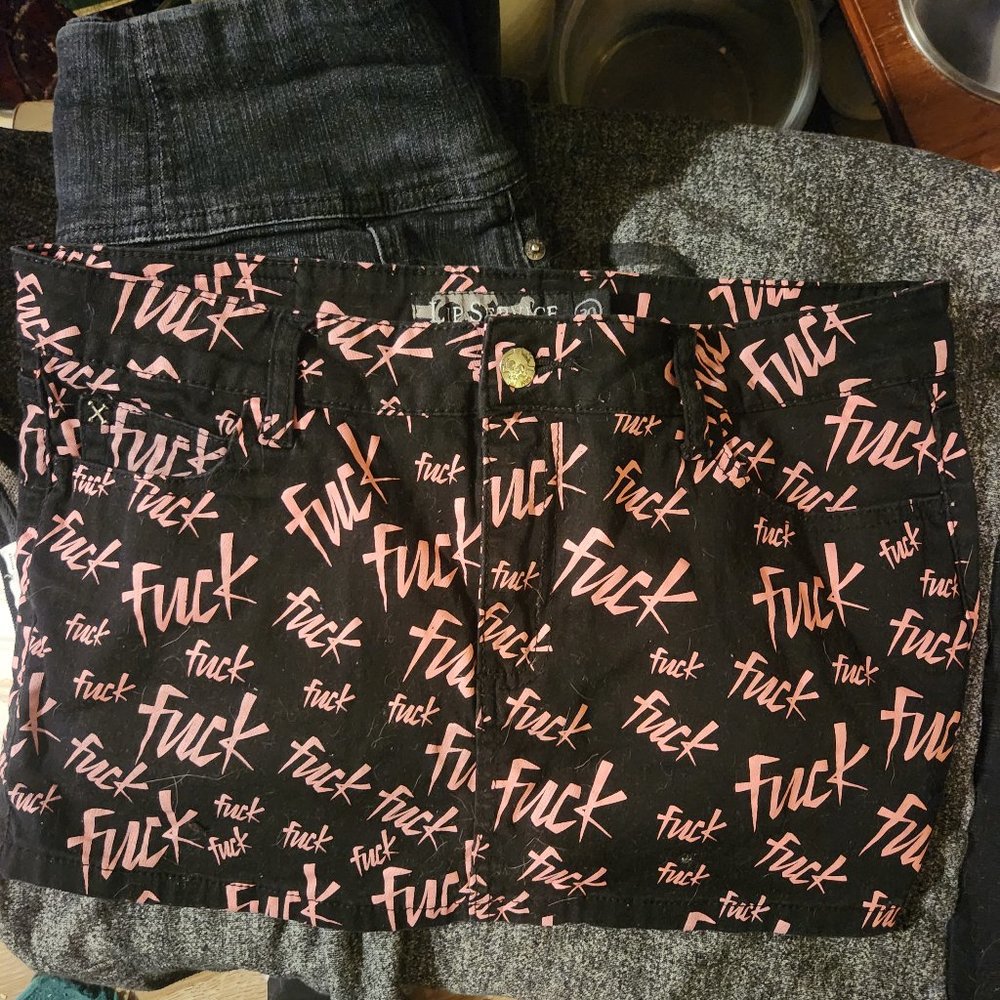 Rare lip service black and pink fuck print mini skirt